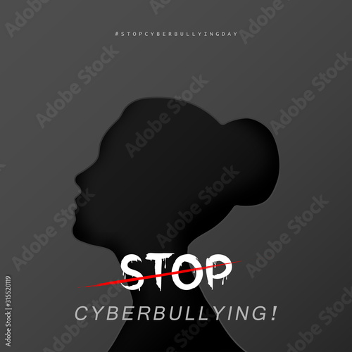 Problems cyber bullying concept. Woman head silhouette with text stop cyber bullying. Paper cut style design for banner, poster, web. Vector illustration.