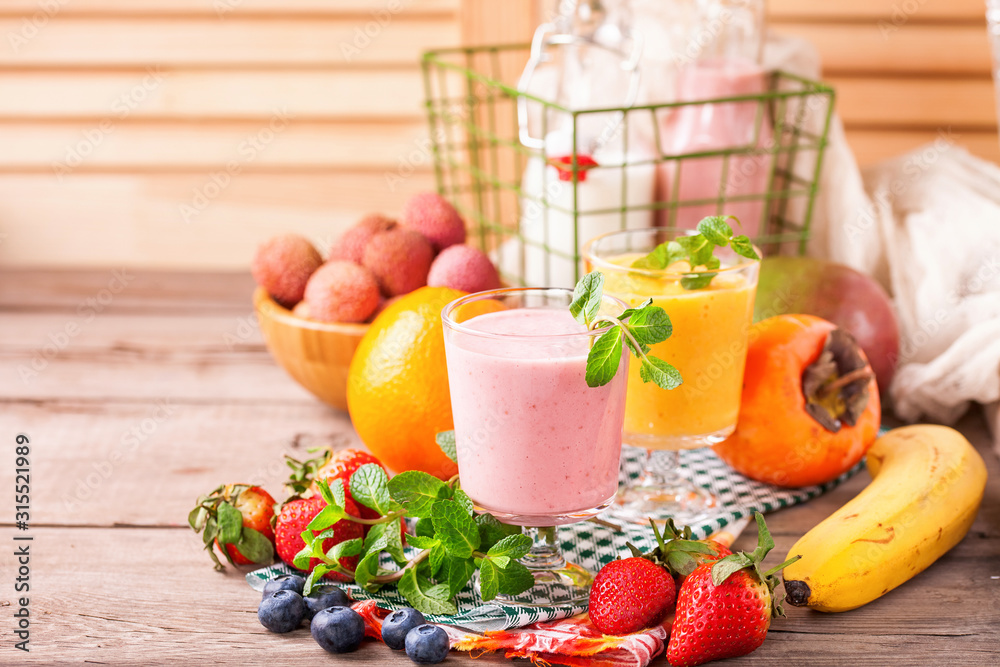 Blueberry smoothie and fruits. Selective focus. Copy space. Top view Blueberry smoothie and fruits. Selective focus. Copy space. Top view