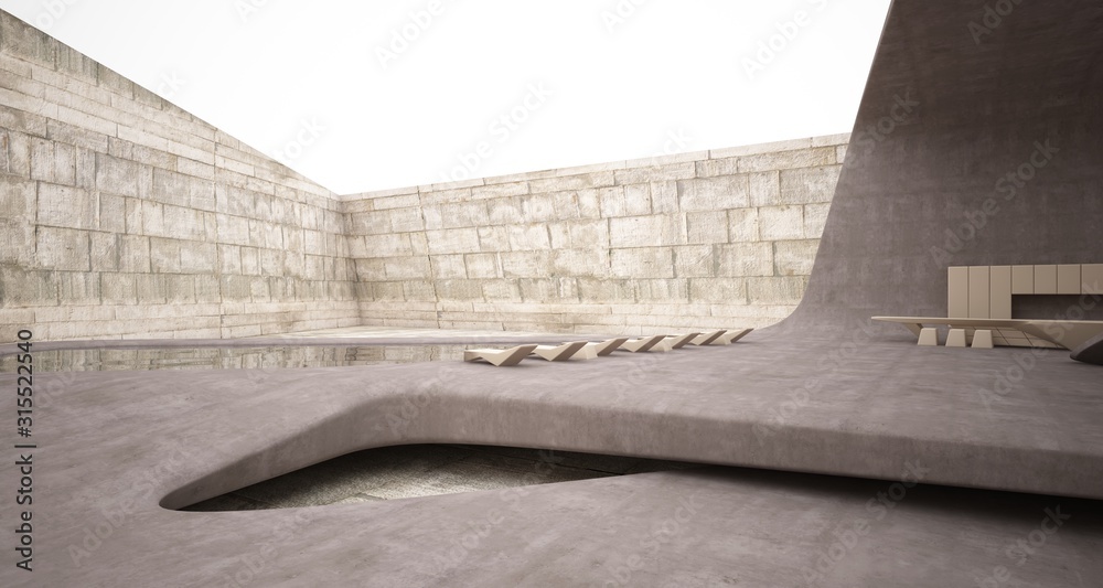 Abstract architectural concrete smooth interior of a minimalist house with swimming pool. 3D illustration and rendering. Abstract architectural concrete smooth interior of a minimalist house with swimming pool. 3D illustration and rendering.