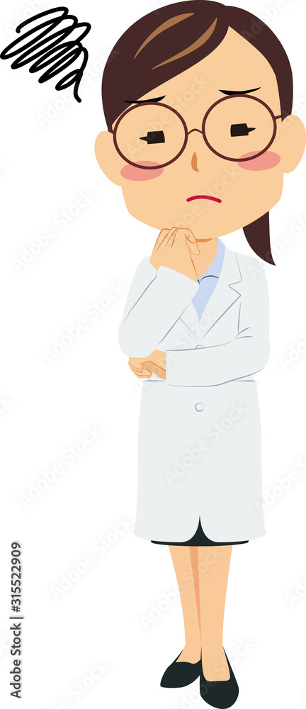 白衣 めがね 女性 悩み中 白衣 めがね 女性 悩み中