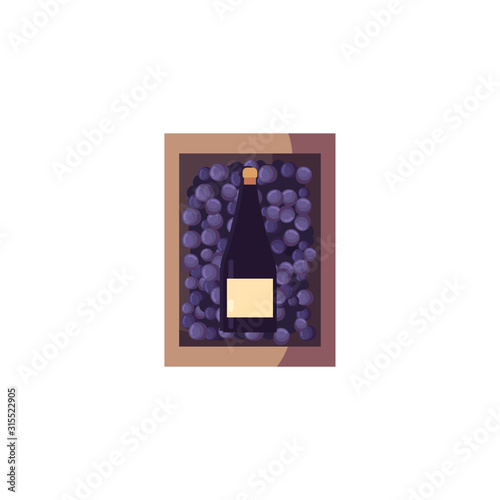 Isolated wine bottle inside grapes box vector design