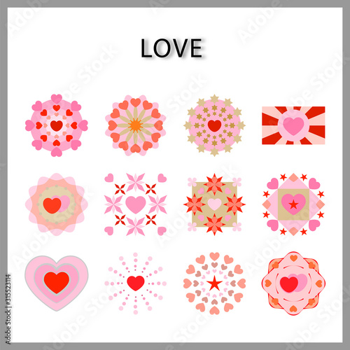 heart mandala icon set isolated on white background for web design,Valentine day concept