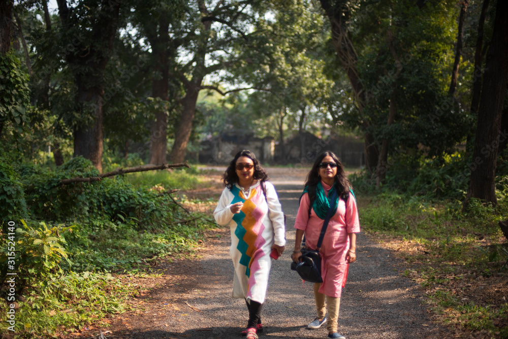 Two young Indian Bengali brunette women/friends/sisters are walking along path within a green forest in winter/autumn afternoon in green natural background. Girls in park, Indian lifestyle and winter Two young Indian Bengali brunette women/friends/sisters are walking along path within a green forest in winter/autumn afternoon in green natural background. Girls in park, Indian lifestyle and winter