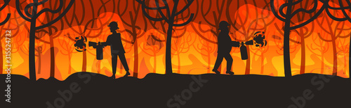 firefighters extinguishing dangerous wildfire bushfire in australia firemen using extinguishers firefighting natural disaster concept intense orange flames horizontal full length vector illustration