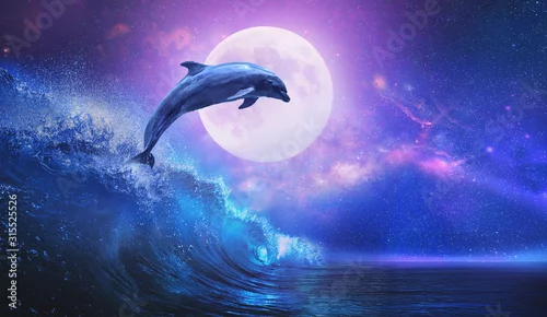 Obraz Nocny ocean z figlarnym delfinem skaczącym z morza na fali surfingowej i pełni księżyca lśniącym na tropikalnym tle