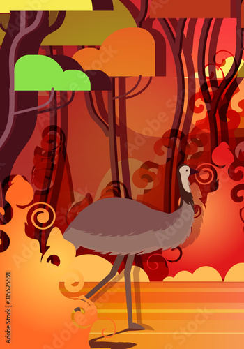 ostrich or emu running from forest fires in australia animals dying in wildfire bushfire burning trees natural disaster concept intense orange flames vertical vector illustration