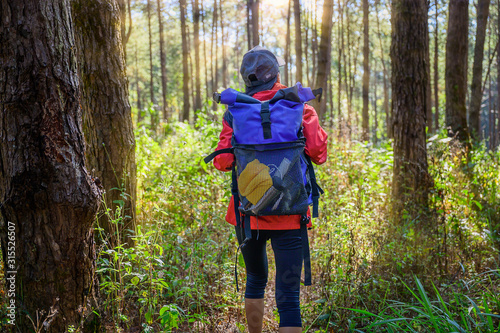 woman trekking walks to the deep of the forest jungle, explore the nature in holidays weekend