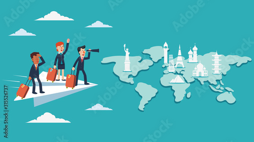  Businessman and business woman with suitcase on paper plane. Business travel concept