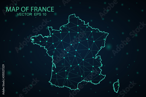 map of France. Wire frame 3D mesh polygonal network line, design sphere, dot and structure. communications map of france. Vector illustration eps 10.