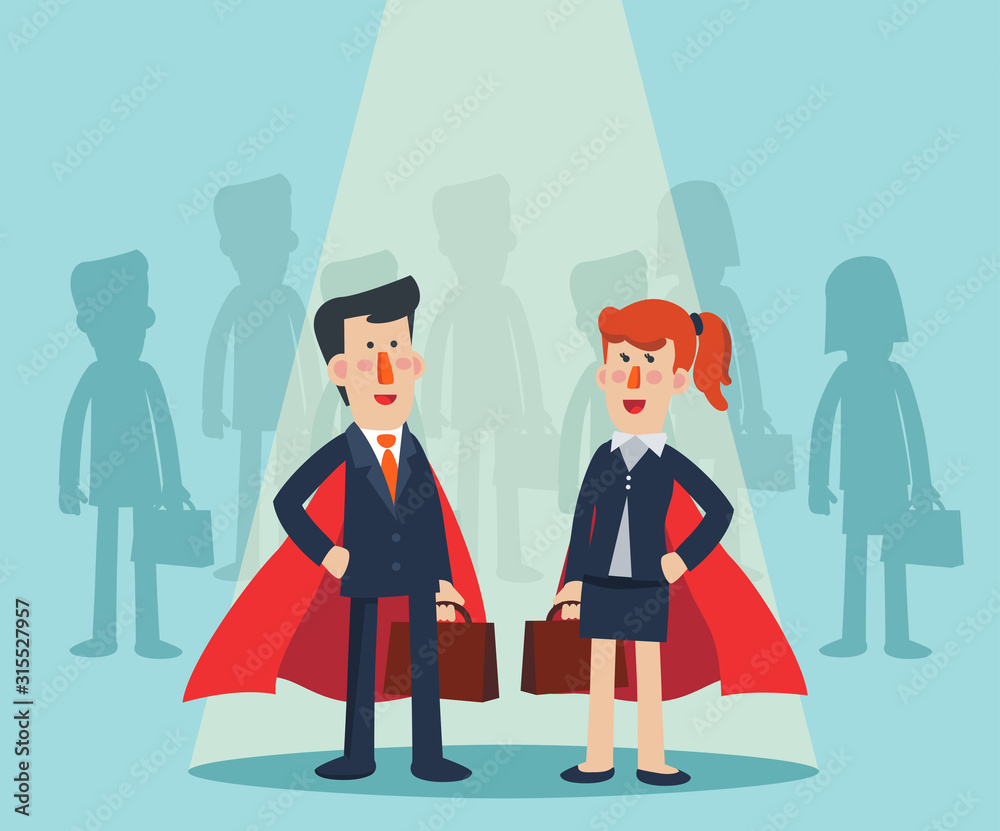 Super Business man and business woman. Cartoon superhero standing with cape  waving in the wind. Successful hero businessman and businesswoman Success,  leadership and victory in business vector concept Stock Vector | Adobe