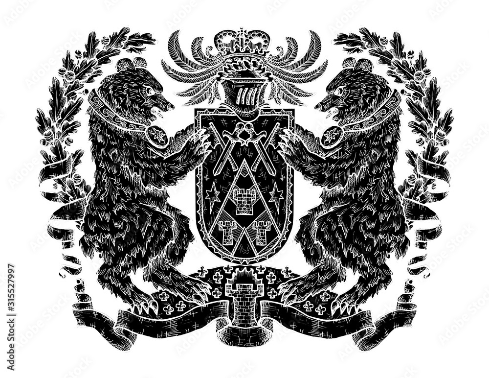 Heraldic emblem with black silhouette of bear and shield on white. Heraldic emblem with black silhouette of bear and shield on white.
