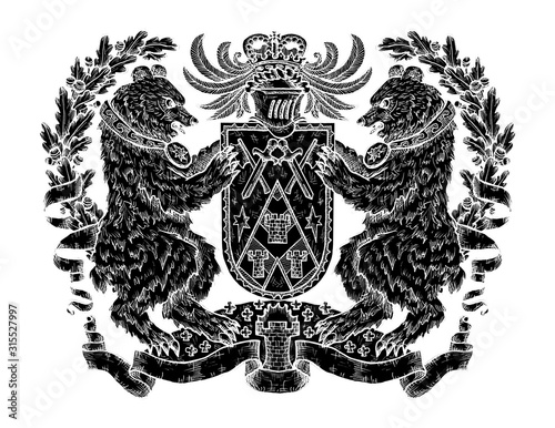 Heraldic emblem with black silhouette of bear and shield on white.