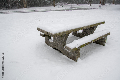 A picture of the snow-covered picnic table on the ground. Burnaby BC Canada