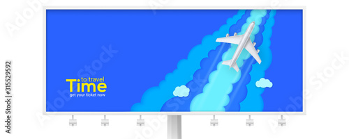 Realistic silver airplane and background cut out of paper on billboard. Passenger plane flies through clouds. Time to travel. Vector 3d illustration, EPS10