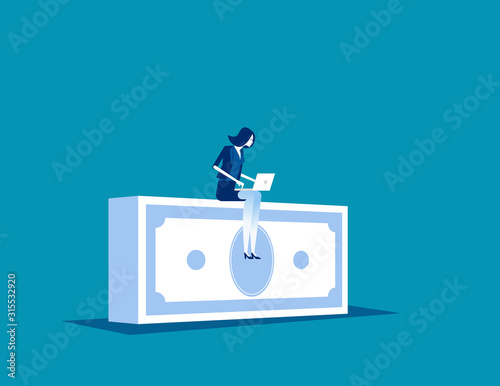 Working on a stack of money. Concept business currency vector illustration,  Work time, Investor