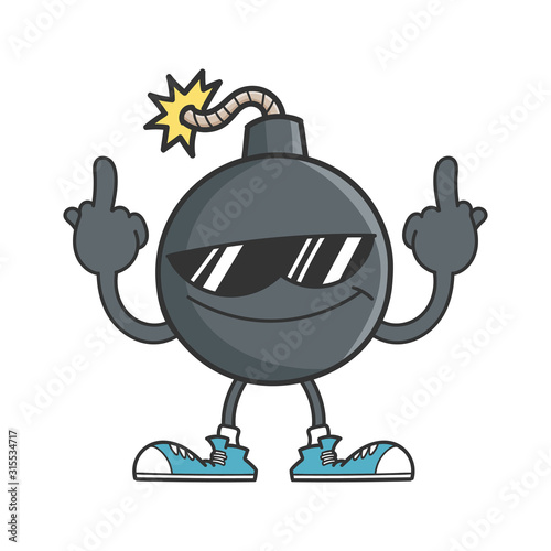 bomb cartoon with sunglasses giving middle fingers