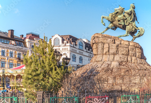 Bronze monument to Bogdan Khmelnitsky on Sofia Square in Kiev, Ukraine. Most known city monument and original symbol of Kiev. photo