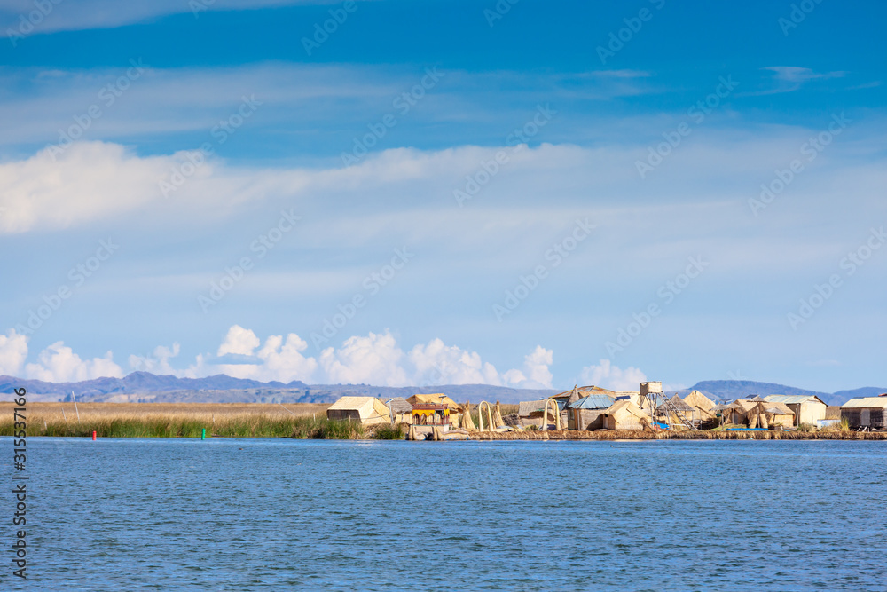 View of floating islands Uros on Lake Titicaca in Peru, South America.