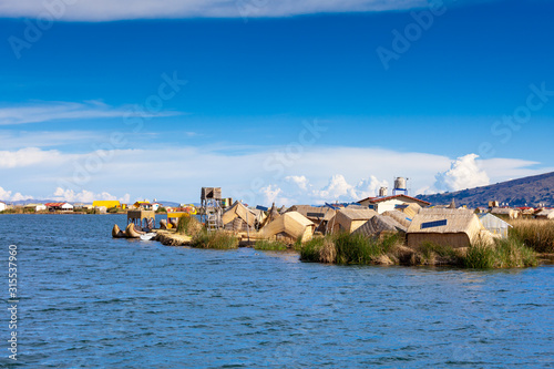Close-up view of the floating islands of Uros on Lake Titicaca in Peru, South America.