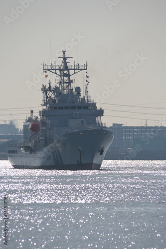 Aichi,Japan-January 14, 2020: Japan Coast Guard ship Mizuho performing a lifeboat drill at Nagoya port in Ise Bay, Japan