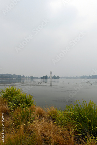 A view of Lake Burley Griffin in Canberra showing the effects of smoke haze from the bushfires of 2020