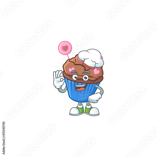 Chocolate love cupcake cartoon character wearing costume of chef and white hat
