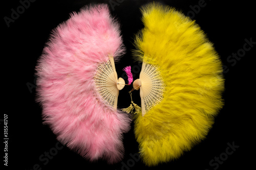 Yellow and pink Chinese folding fan on a black background 