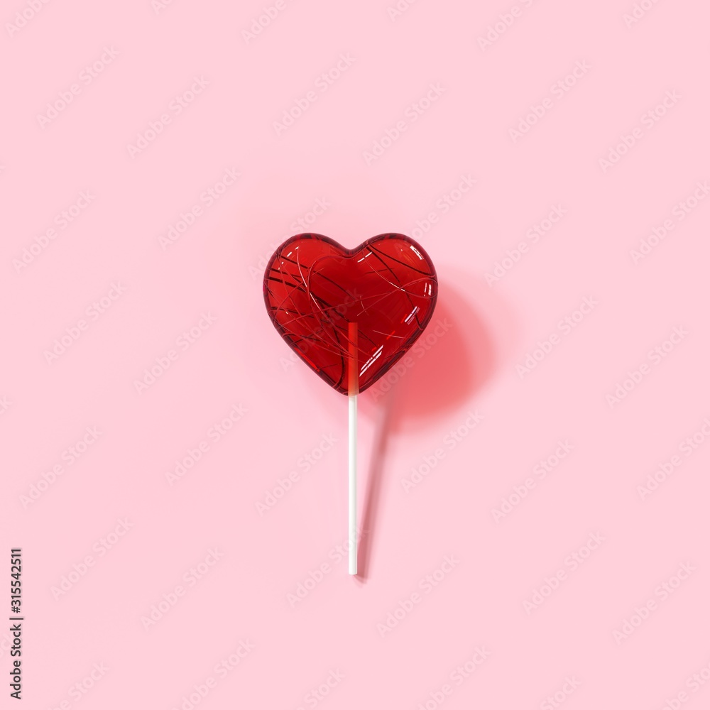 Crack Red Candy Heart on pink color background. Minimal valentine concept ideas. 3D Render