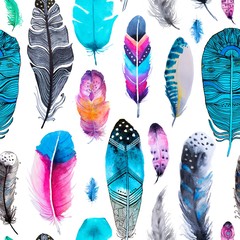 Papier peint photo Plumes aquarelles patrons Plumes légères motif blanc minimaliste  © cofeee
