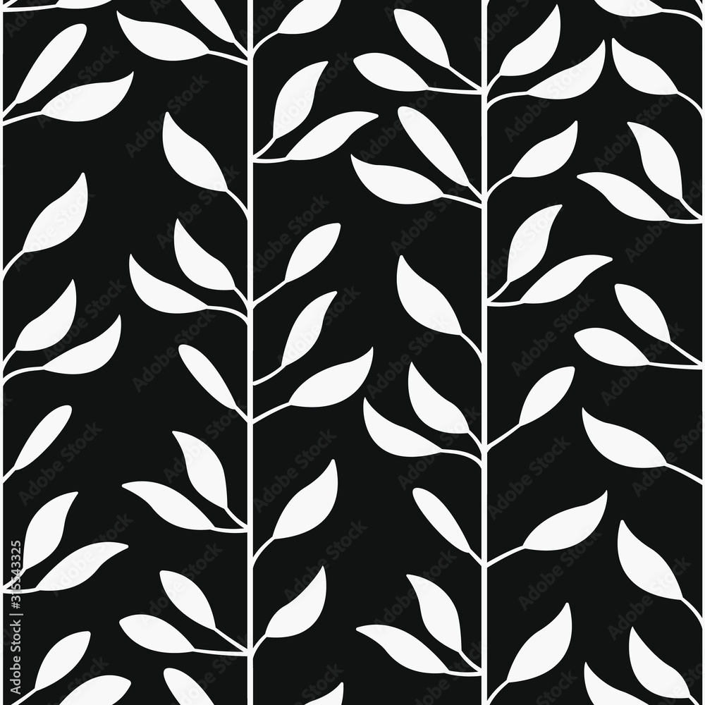 Abstract floral seamless pattern with white vertical branches and leaves on black background; floral design for fabric, wallpaper, textile, web design. Abstract floral seamless pattern with white vertical branches and leaves on black background; floral design for fabric, wallpaper, textile, web design.
