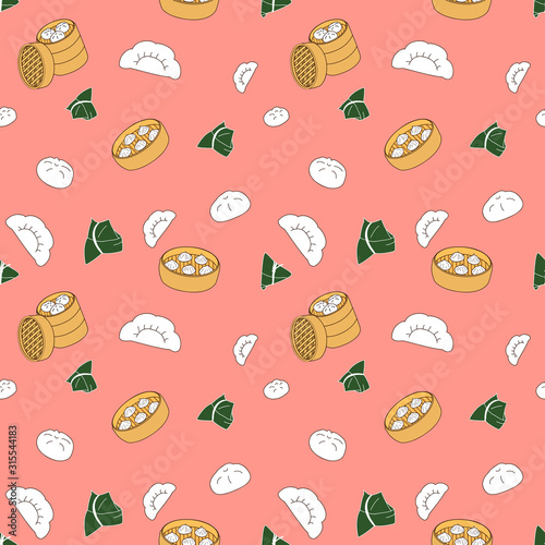Kawaii Chinese dumpling seamless pattern on pink colored background. Cartoon hand drawn background. boiled dumplings,sticky rice dumplings and steamed dumplings.