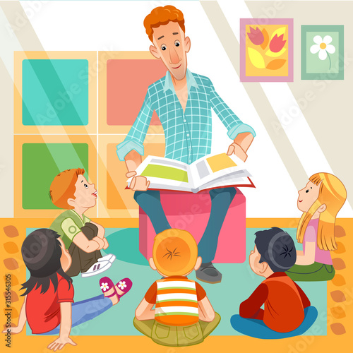 Teacher Reading for Cute Kids in The Kinder Garden. Elementary Students and Teacher Man. Cartoon Style Vector Illustration.