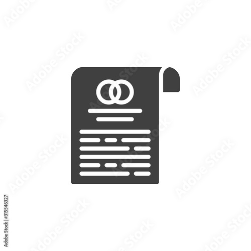 Marriage contract vector icon. filled flat sign for mobile concept and web design. Wedding contract document glyph icon. Symbol, logo illustration. Vector graphics