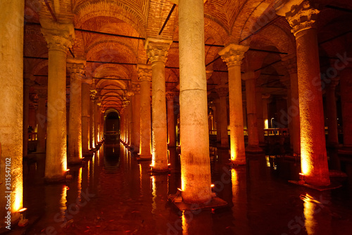 Water with fish and marble columns in the underground Basilica Cistern of Istanbul Turkey © Reimar