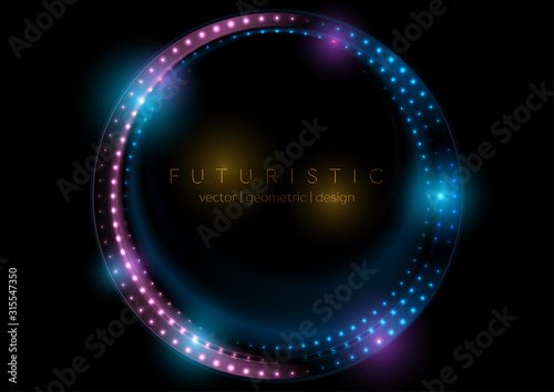 Neon led lights abstract blue purple circles glowing background. Vector design