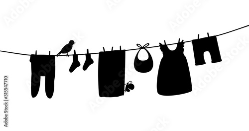 Baby clothes on clothesline. Laundry silhouette illustration. Kid apparel after washing hanging on a rope. For newborn, girl or boy. Vector isolated