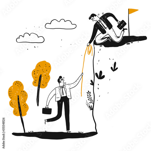 A male business man is helping a man to climb a steep cliff with a long rope