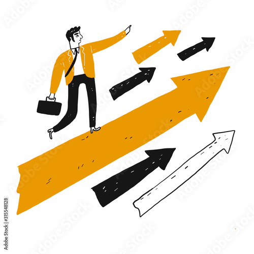 Leader with vision stands on a large orange arrow and charged ahead