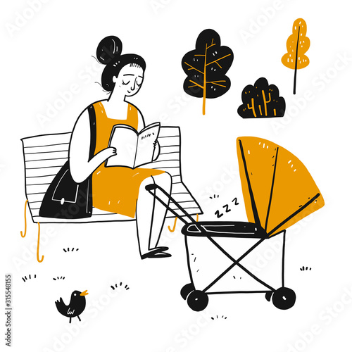 The drawing character a novice mother is reading on the park bench.