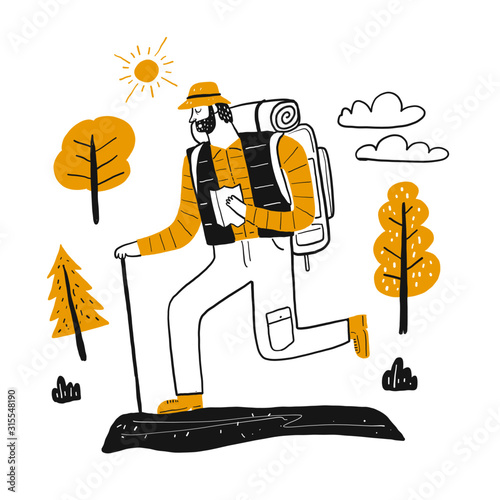 The drawing character male tourists in mountain climbing set