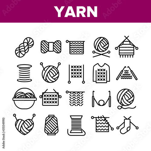 Yarn Ball For Knitting Collection Icons Set Vector Thin Line. Yarn In Bucket And Needles, Threads And Hooks, Sweater And Sock, Concept Linear Pictograms. Monochrome Contour Illustrations