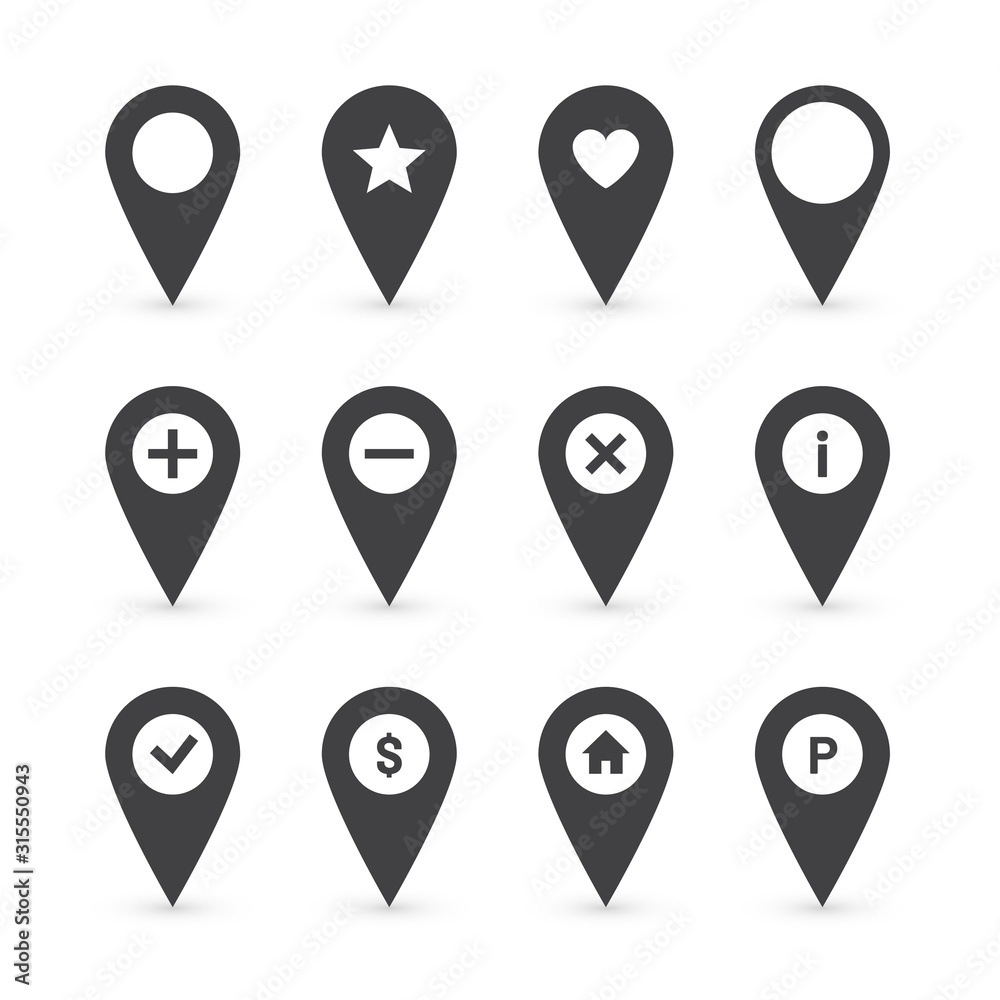Black pin icon set. Gps pointer mark. Location map symbol of home, bank, parking etc Black pin icon set. Gps pointer mark. Location map symbol of home, bank, parking etc