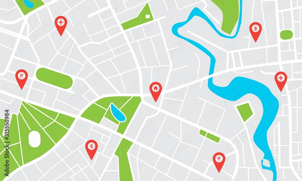 Obraz premium Mapa miasta z pinami. Ulice i aleje miast, parki i place, rzeki i stawy. Miejska nawigacja GPS ze wskazówkami. Koncepcja lokalizacji geograficznej