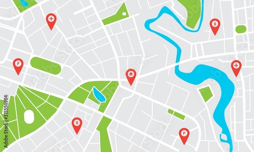 City map with pins. Town streets and avenues, parks and squares, rivers and ponds. Urban gps navigation with pointers. Geo locating concept photo