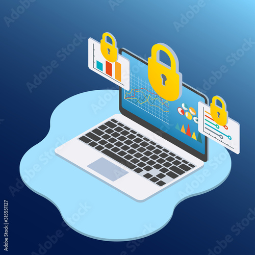 Data protection concept with laptop computer and padlock. Security and Internet privacy isometric design template. Vector illustration.