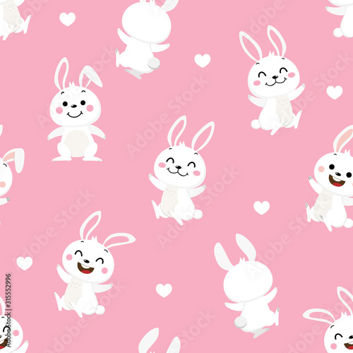 Cute white rabbit and little hearts seamless pattern. Animal wildlife cartoon character. -Vectorrabbit2020_pattern