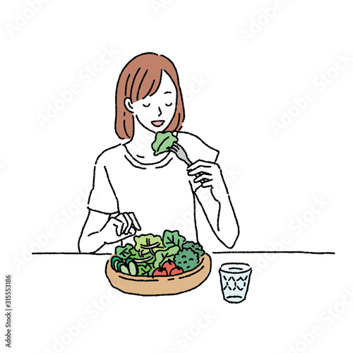 サラダを食べる　女性　イラスト