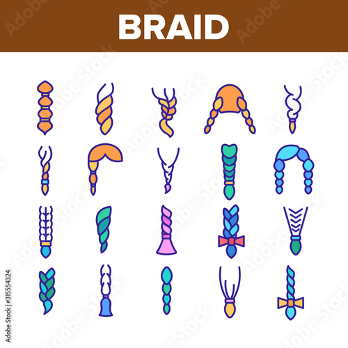 Braid Bread Hairstyles Collection Icons Set Vector Thin Line. Long Female Braid, Braided Hair Style With Bow-knot, Fashion Pigtail Concept Linear Pictograms. Color Contour Illustrations