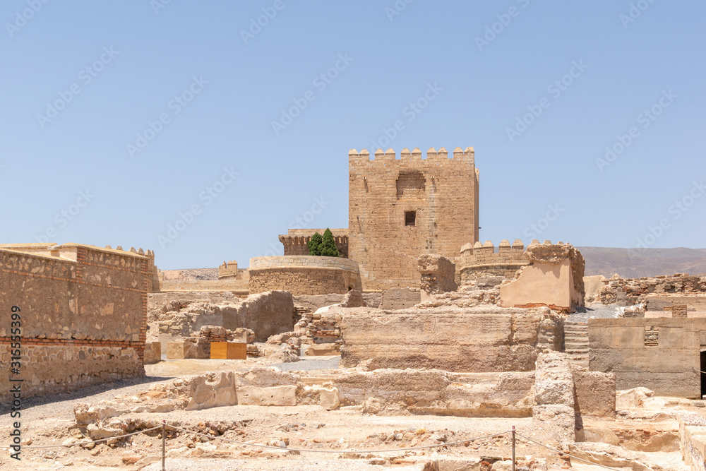 Interior of the Alcazaba of Almeria (Muslim fortification) in summer with blue sky. Almeria, Andalusia, Spain