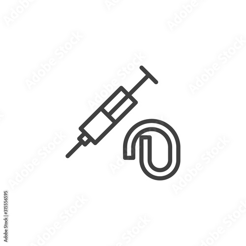 Tourniquet and syringe line icon. linear style sign for mobile concept and web design. Narcotic syringe outline vector icon. Symbol, logo illustration. Vector graphics